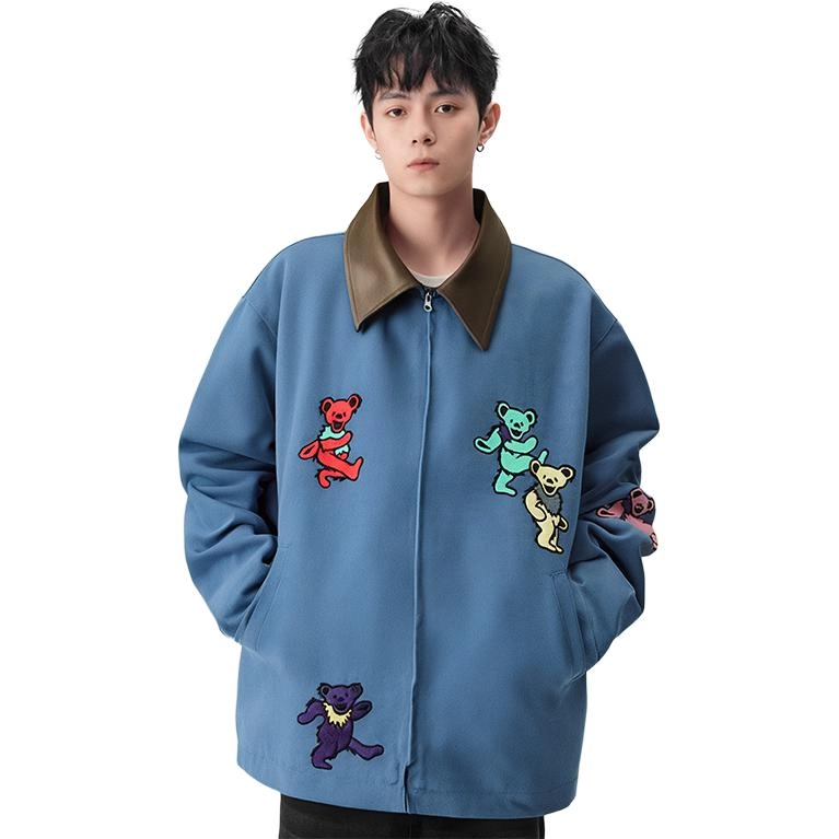 永言 美式复古牛仔刺绣小熊棉服潮牌宽松休闲流行帅气百搭翻领夹克外套 男女同款