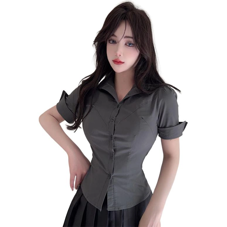沐晓欣 收腰纯色短袖衬衫百褶简约短裙裙装套装 女款 灰色
