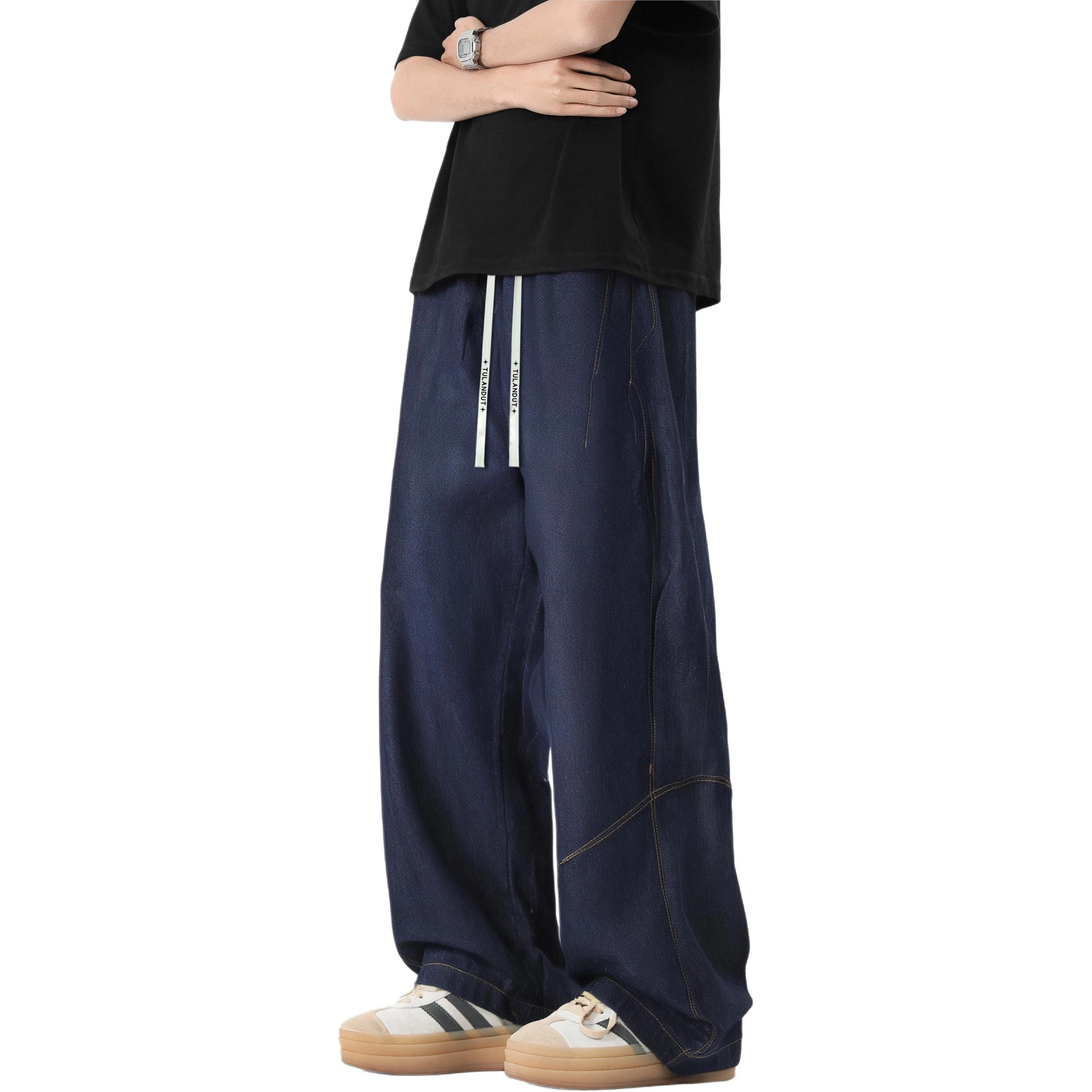 图兰朵 夏季美式复古高级个性时尚基础款简约风格日常休闲百搭柔软宽松舒适亲肤垂感设计运动无性别主义直筒系带牛仔裤 男女同款