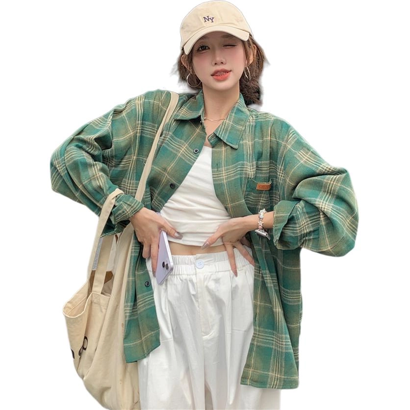 颂希尔 美式复古格子春秋休闲宽松高街高级感百搭衬衣外套长袖衬衫 男女同款