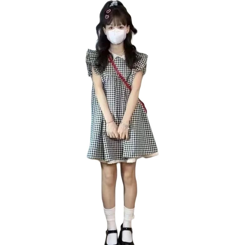 水中花 法式甜美坎肩小个子裙子娃娃领格子裙飞飞袖气质无袖连衣裙 女款