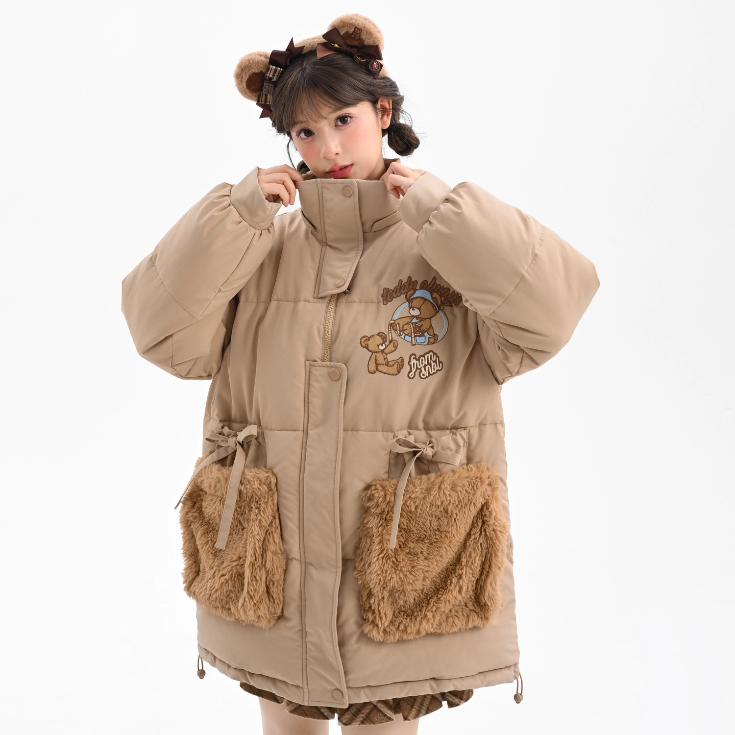 森女部落 原创可爱小熊棉衣保暖中长款可拆帽子棉服 女款 浅卡其色