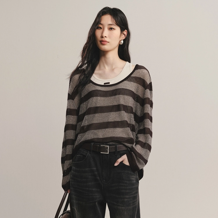 太平鸟 宽松慵懒莱赛尔条纹真两件背心套衫时尚百搭透气针织衫 女款