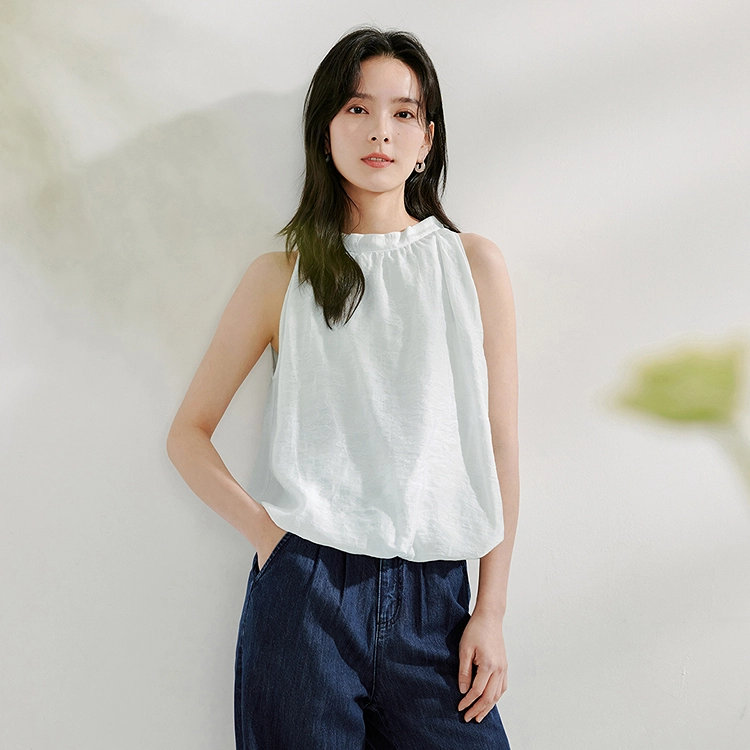 茵曼 纯色圆领挂脖无袖背心衬衫 女款 米白色
