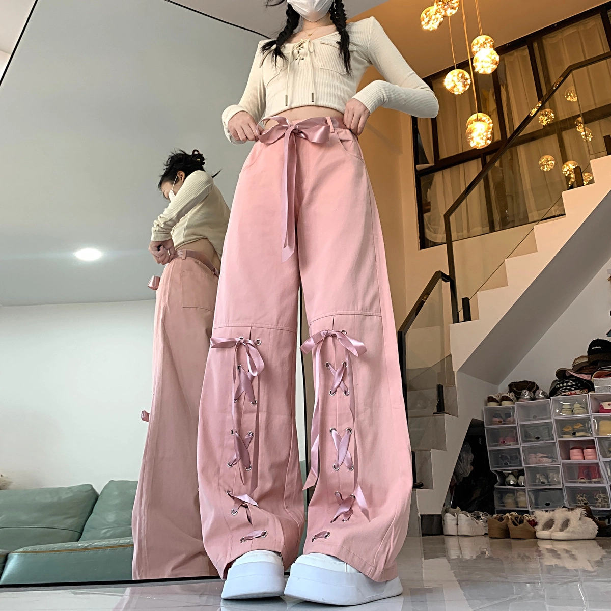 纤丝鸟 多巴胺少女蝴蝶结绑带设计感甜酷高腰垂感直筒工装裤 女款