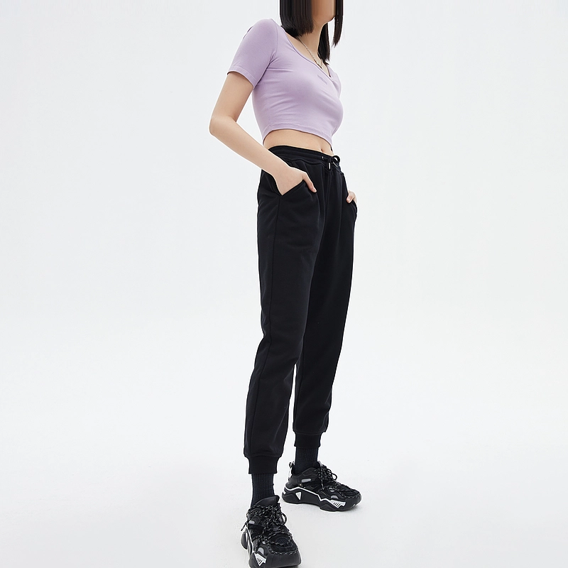 美特斯邦威 纯色百搭简约系带舒适松紧腰束脚针织运动裤 女款