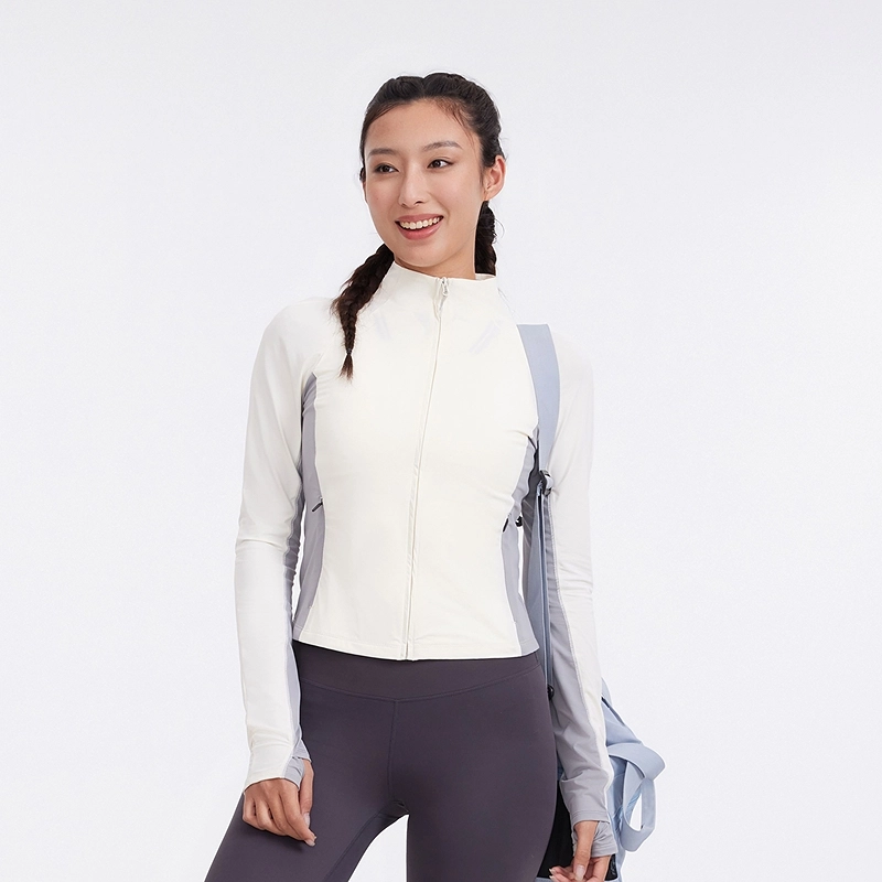 美特斯邦威 立领修身凉感透气拼色外套 防紫外线防晒服 女款 白灰色组