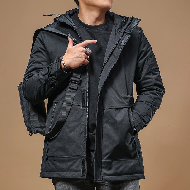 季言 连帽长款潮牌厚款休闲棉服 男款