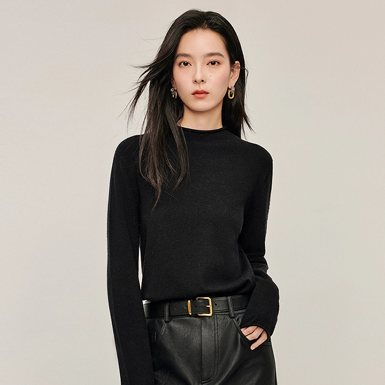 茵曼 纯色百搭半高领套头长袖打底衫针织衫毛衣 女款
