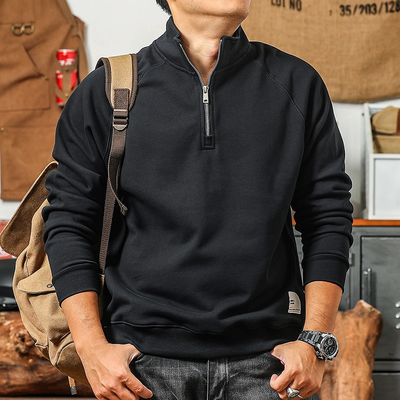 季言 套头立领潮牌复古纯色长袖卫衣 男款