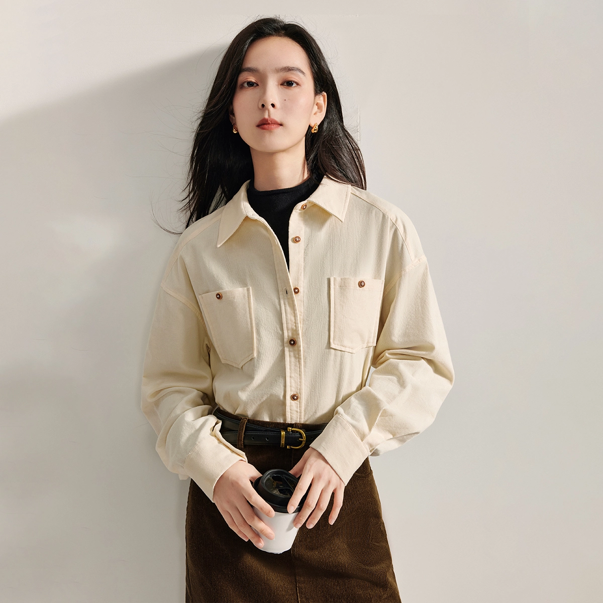茵曼 纯色翻领宽松百搭长袖衬衫 女款