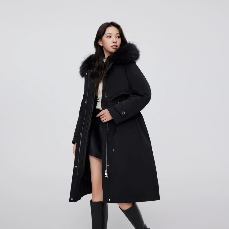波司登 三合一貉子毛领连帽腰部抽绳长款派克羽绒服 女款