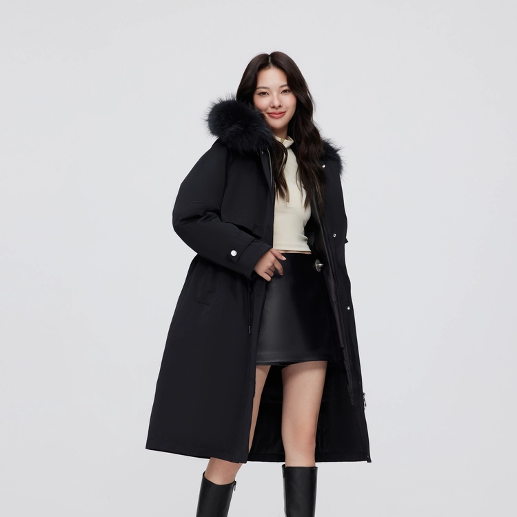 波司登 三合一貉子毛领连帽腰部抽绳长款派克羽绒服 女款