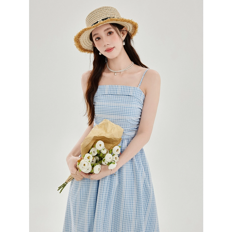 水中花 夏季 法式格纹度假气质长裙吊带连衣裙 女款