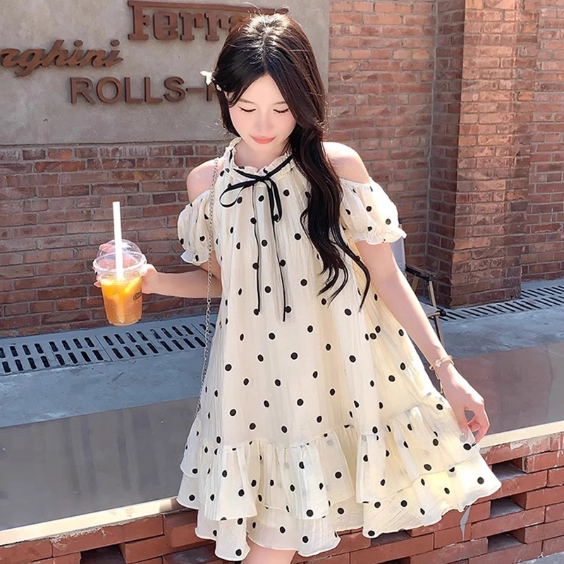 纤丝鸟 法式甜美露肩波点小个子气质蓬蓬短裙娃娃裙短袖连衣裙 女款