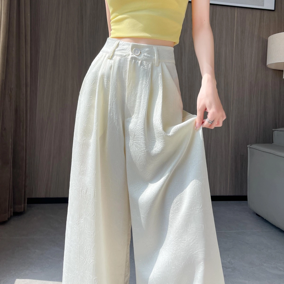 纤丝鸟 时尚百搭舒适提花西装高腰垂感宽松速干阔腿休闲裤 女款