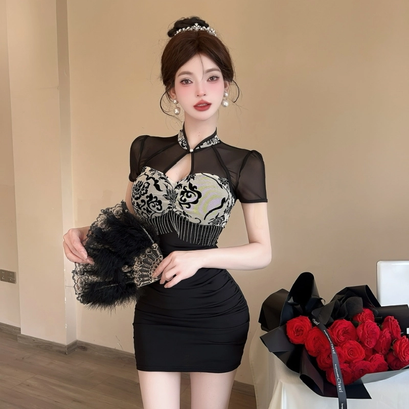 水中花 新中式拼接修身立领短袖连衣裙 女款