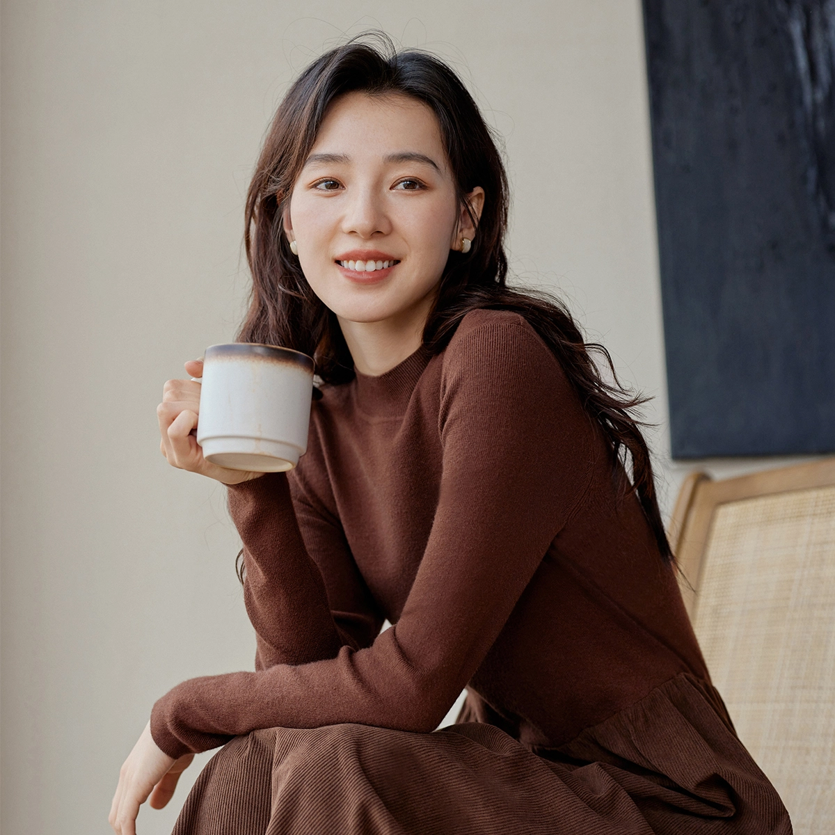 茵曼 休闲纯色宽松高领长袖连衣裙 女款