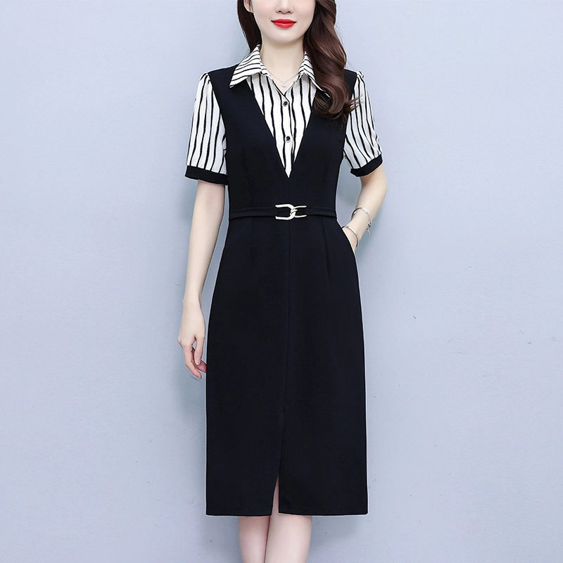 水中花 夏季气质韩版显瘦时尚收腰裙子假两件短袖连衣裙 女款