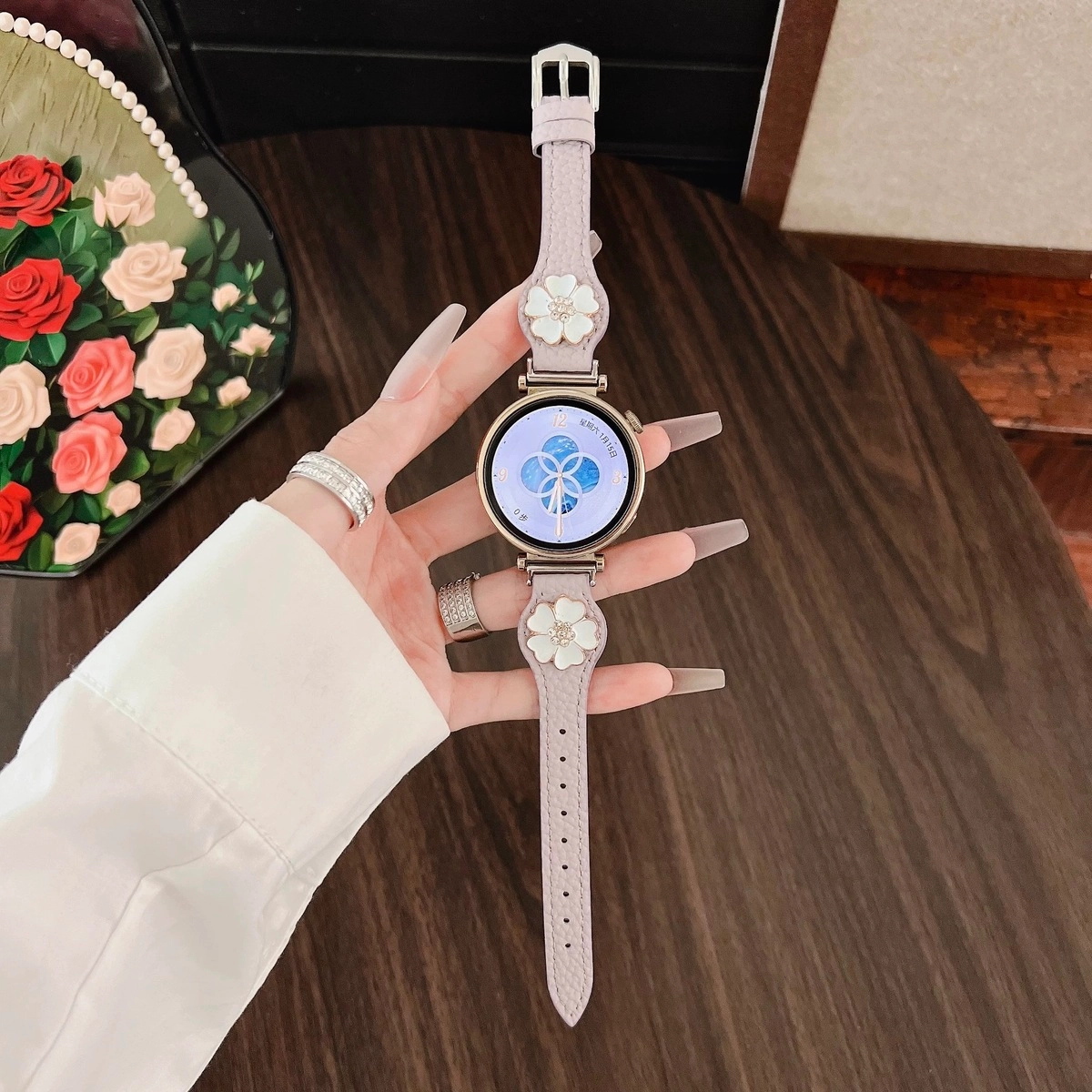 卫欣 华为荣耀适用 手表表带 牛皮材质 时尚牛皮拼五瓣花表带男女通用