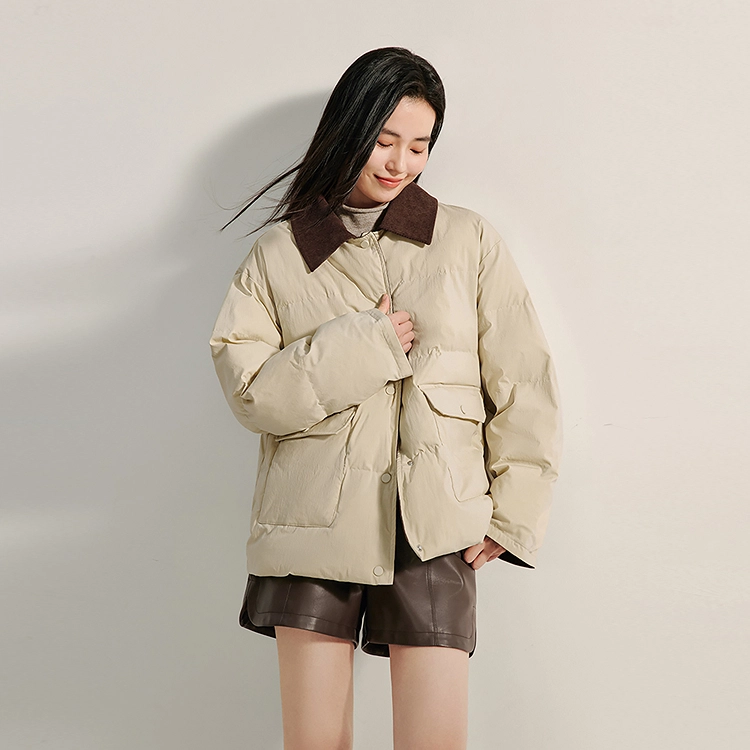 茵曼 复古撞色翻领加厚百搭宽松面包棉服 女款 杏色