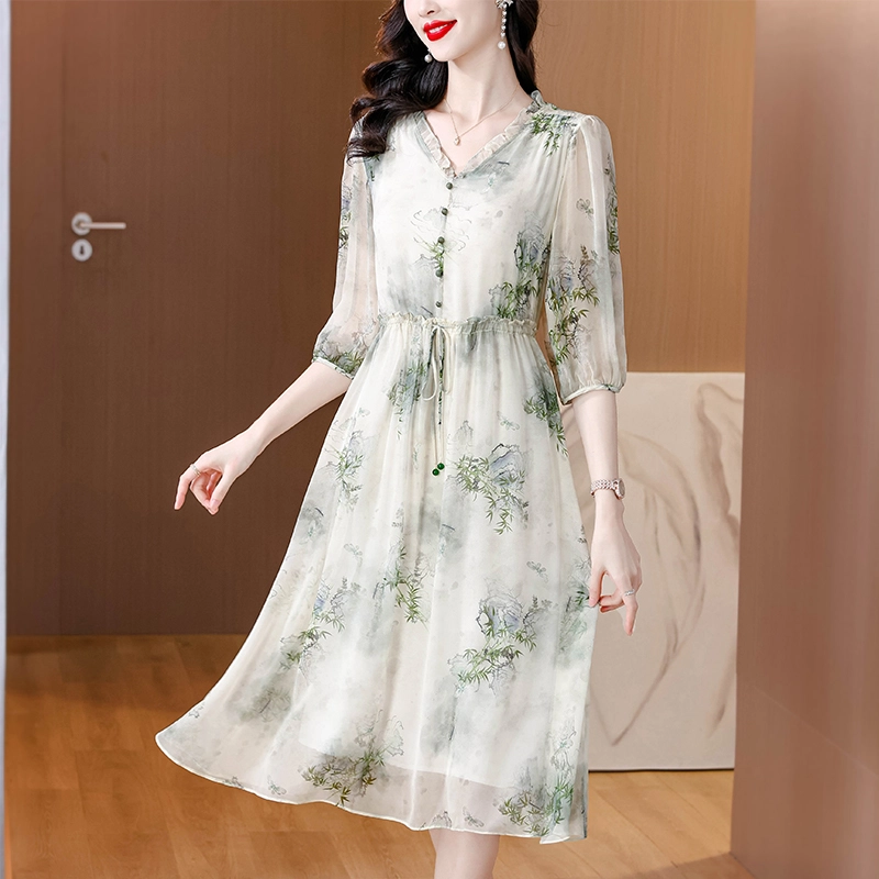 水中花 中年妈妈气质舒适简约优雅裙子短袖连衣裙 女款