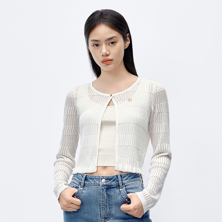 太平鸟 曲珠纱薄款披肩镂空外搭罩衫针织线开衫 女款
