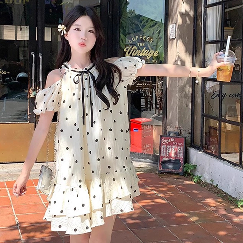 纤丝鸟 法式甜美露肩波点小个子气质蓬蓬短裙娃娃裙短袖连衣裙 女款