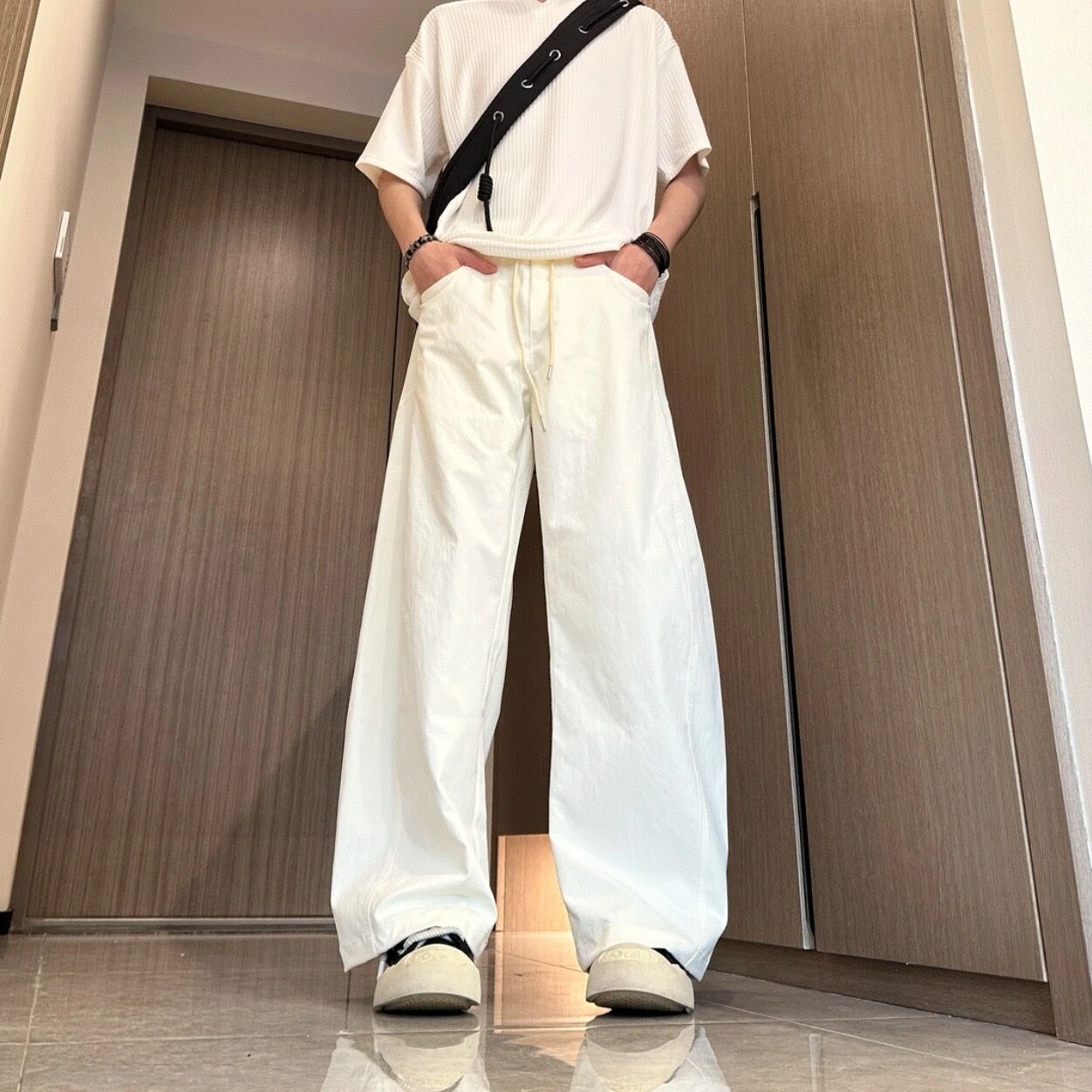 佑麟 美式冰丝弯刀裤夏季薄款斜切速干裤子宽松裤休闲裤 男女同款