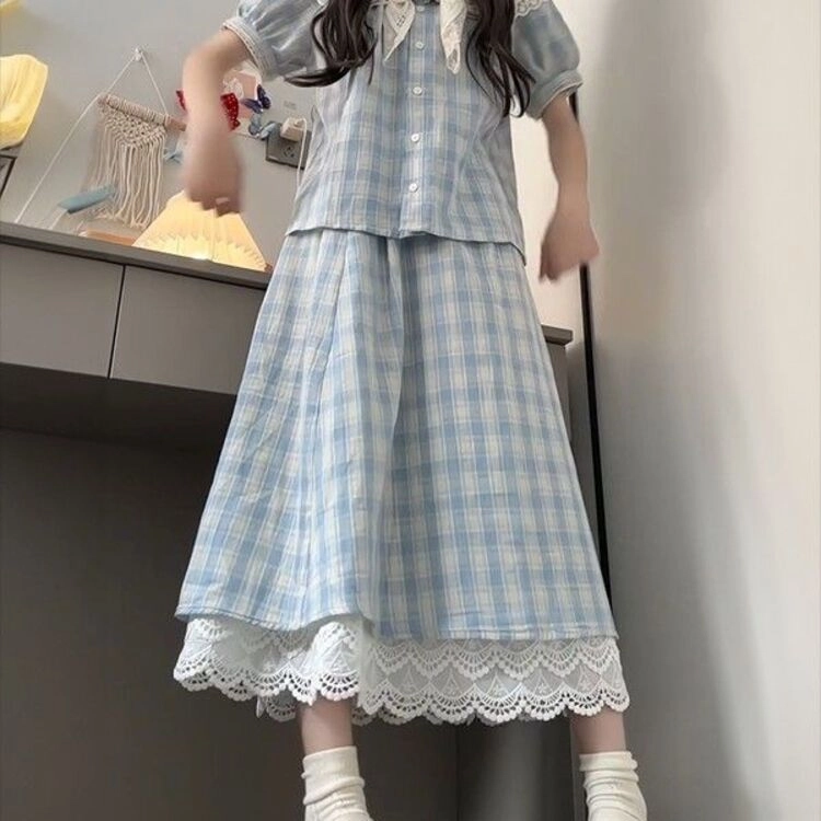珠蒂美 学院法式甜美风蕾丝拼接格纹裙装套装 女款