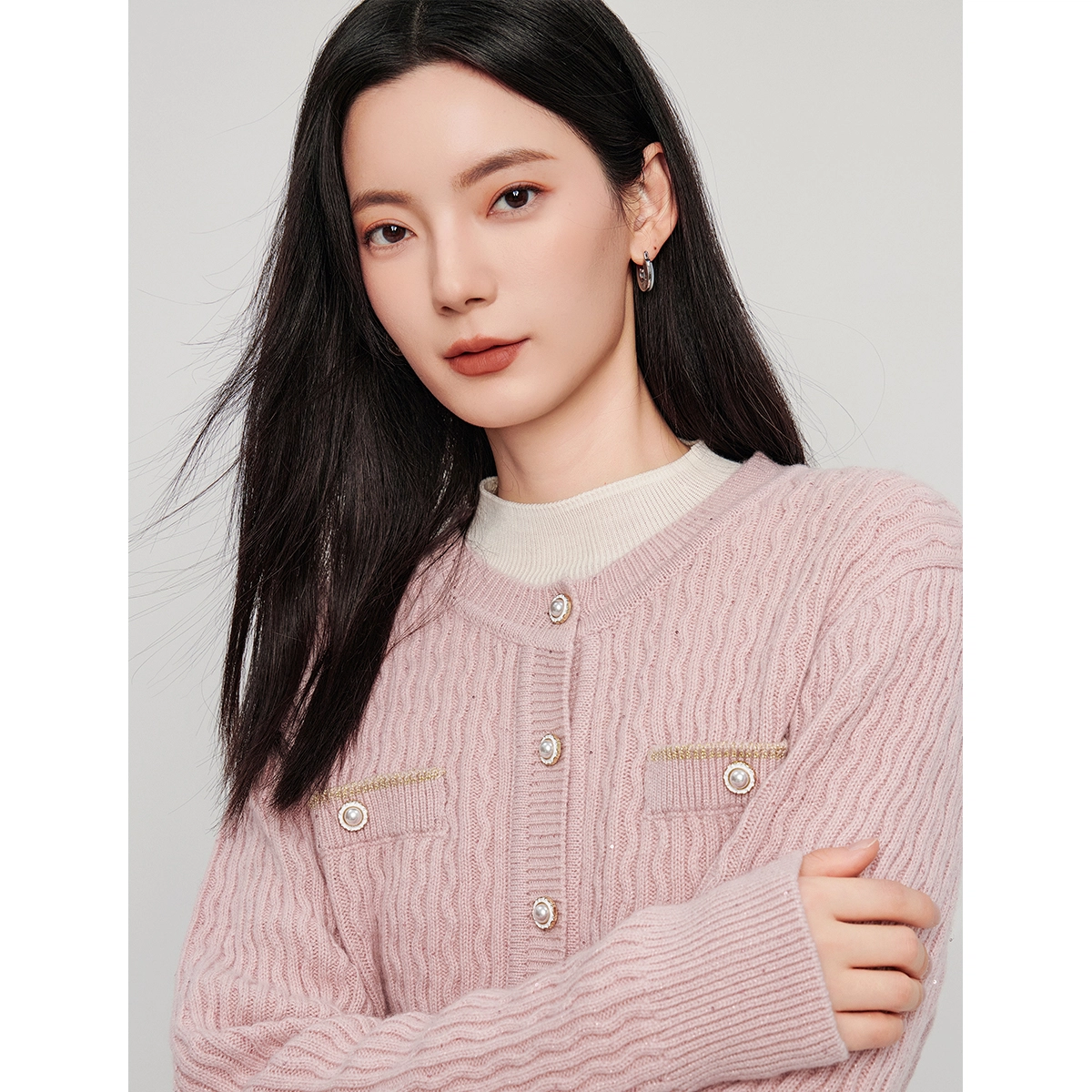 茵曼 法式小香风麻花羊毛衫通勤针织开衫长袖毛衣 女款