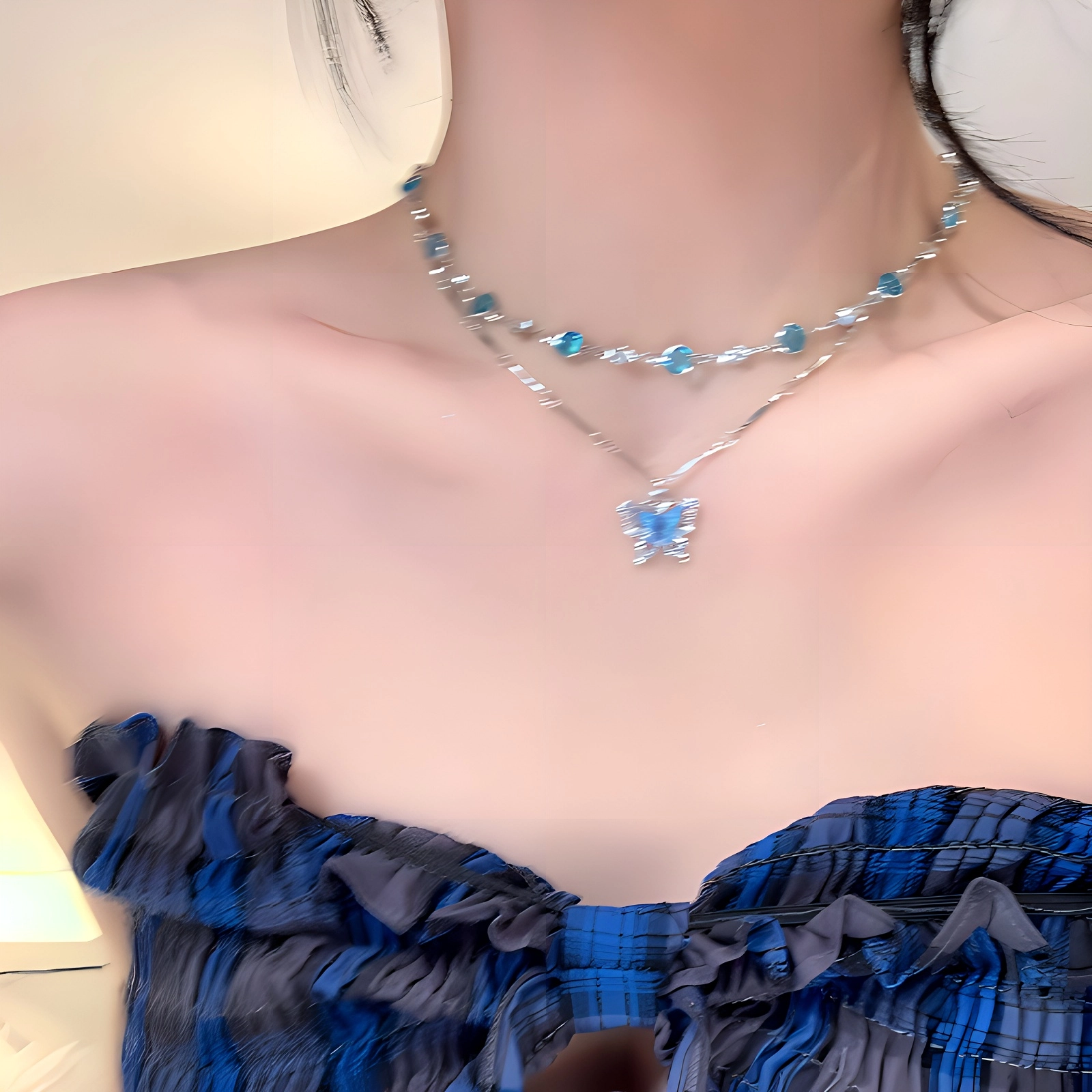 尚先生 清凉蓝色蝴蝶双层叠戴锁骨链 轻奢镶锆小众设计 日常通勤休闲尽显优雅高级感#好运 合金 项链 女款