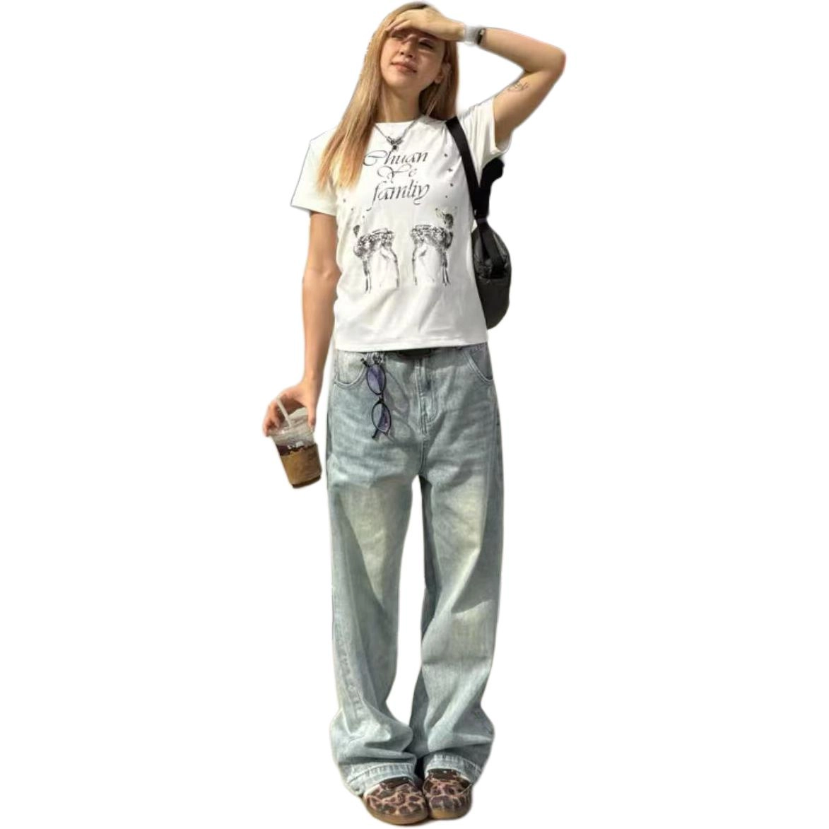 黑衣先生 街头阔腿休闲复古牛仔裤 男女同款 蓝色