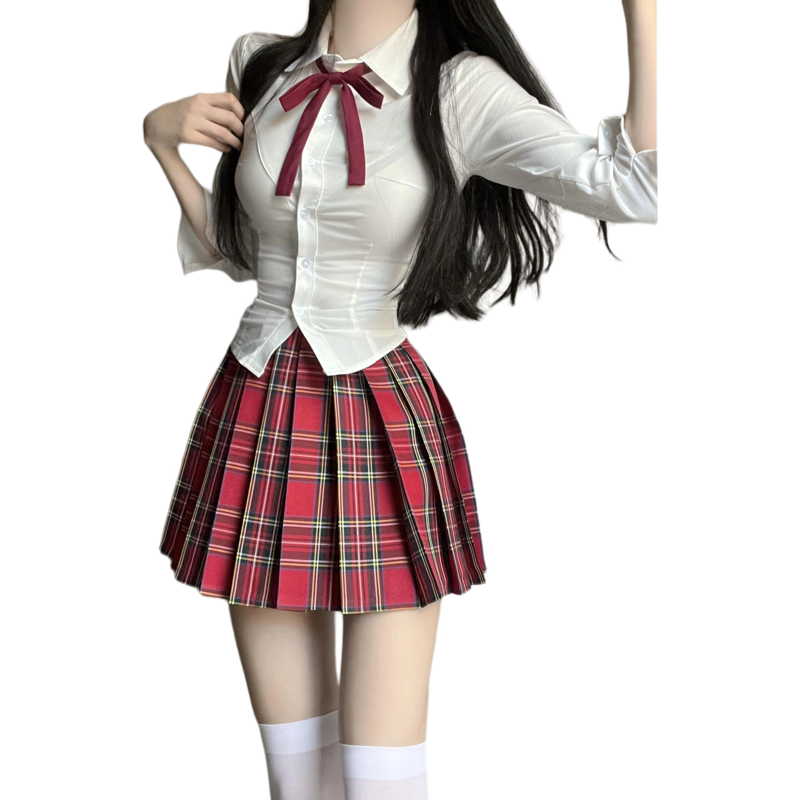 花山家的猫 红色格纹百褶裙收腰长袖衬衫制服 女款