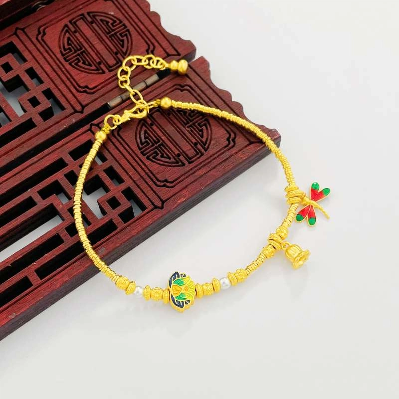 久爱 古法珐琅彩色蜻蜓莲花铃兰花珍珠点缀国潮金圈葫芦 足金 按克计价 黄金手链 女款 金色