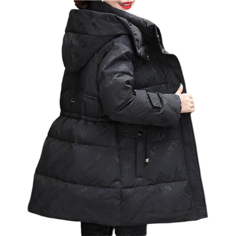 鸭鸭 中长款时尚印花宽松舒适保暖休闲连帽羽绒服 女款