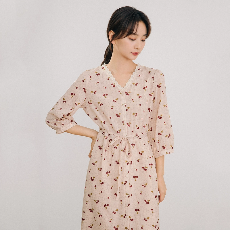 茵曼 樱桃印花立领短袖连衣裙 女款 杏粉