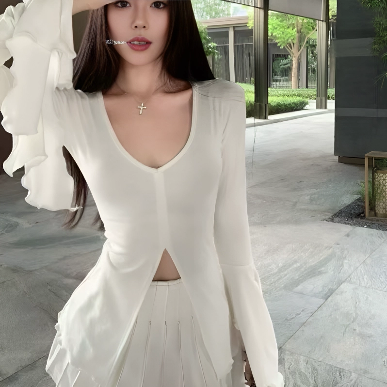 秀黛 修身显瘦设计感纯色常规长袖通勤风打底衣 女款