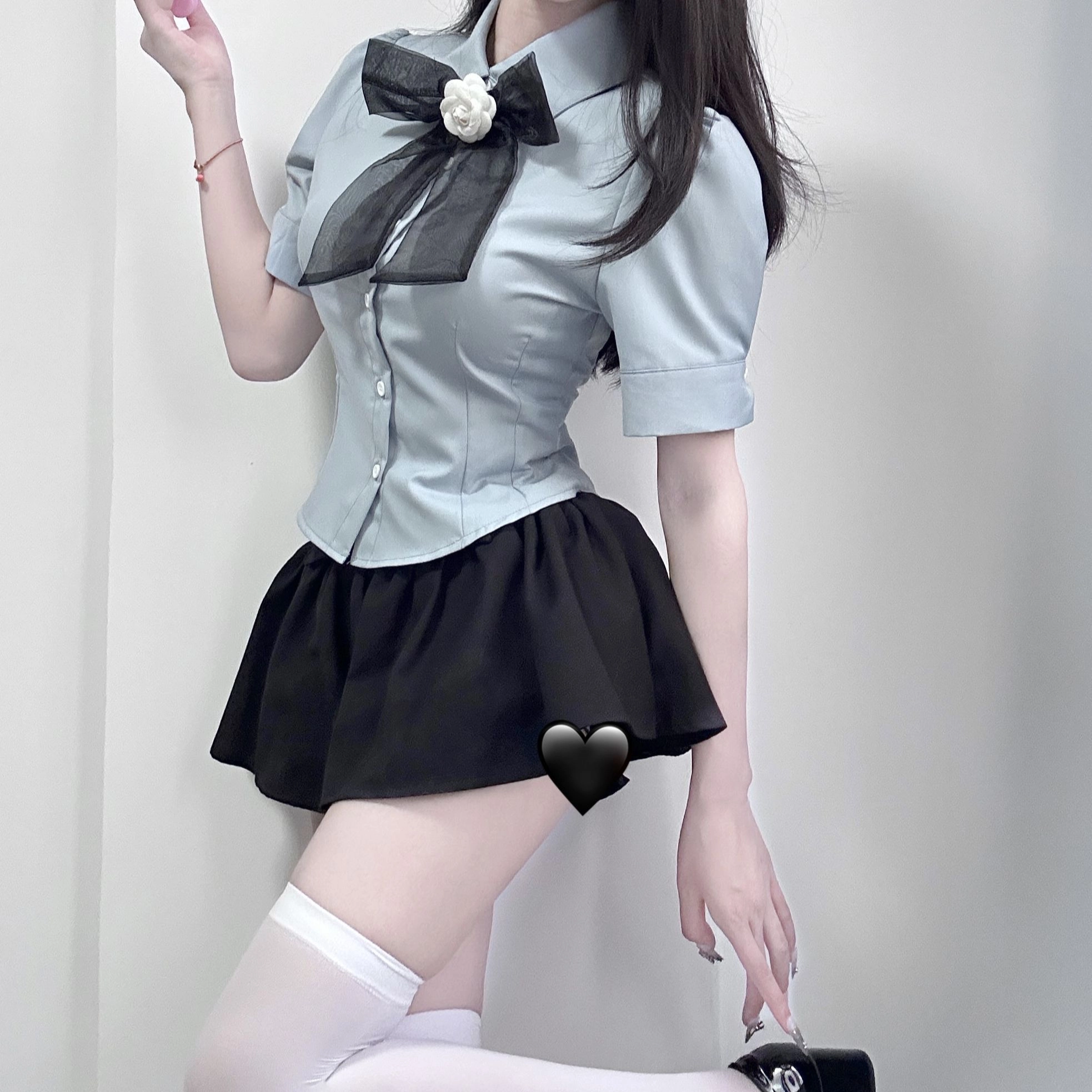 九条喵 山茶花网纱领结蓝色收腰短袖衬衫领结纯色休闲短裙套装制服 女款