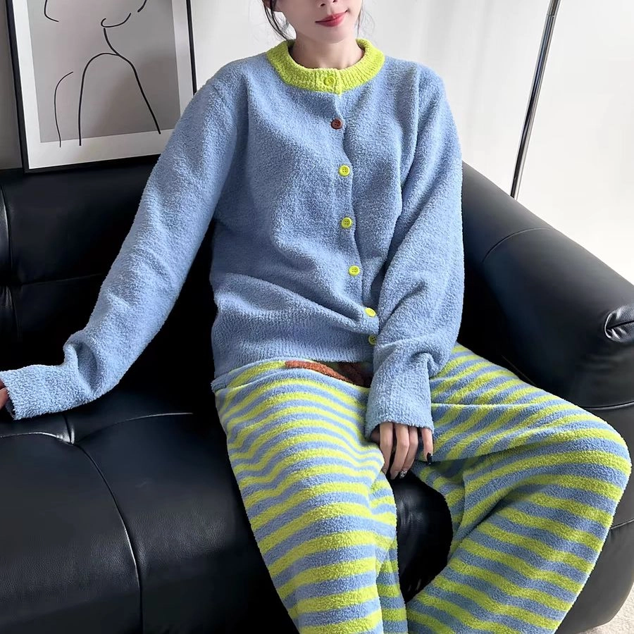 夏芬妍 舒适柔软时尚条纹珊瑚绒家居服加绒加厚蓄温保暖长袖长裤可外穿秋冬款 睡衣套装 女款 蓝绿色