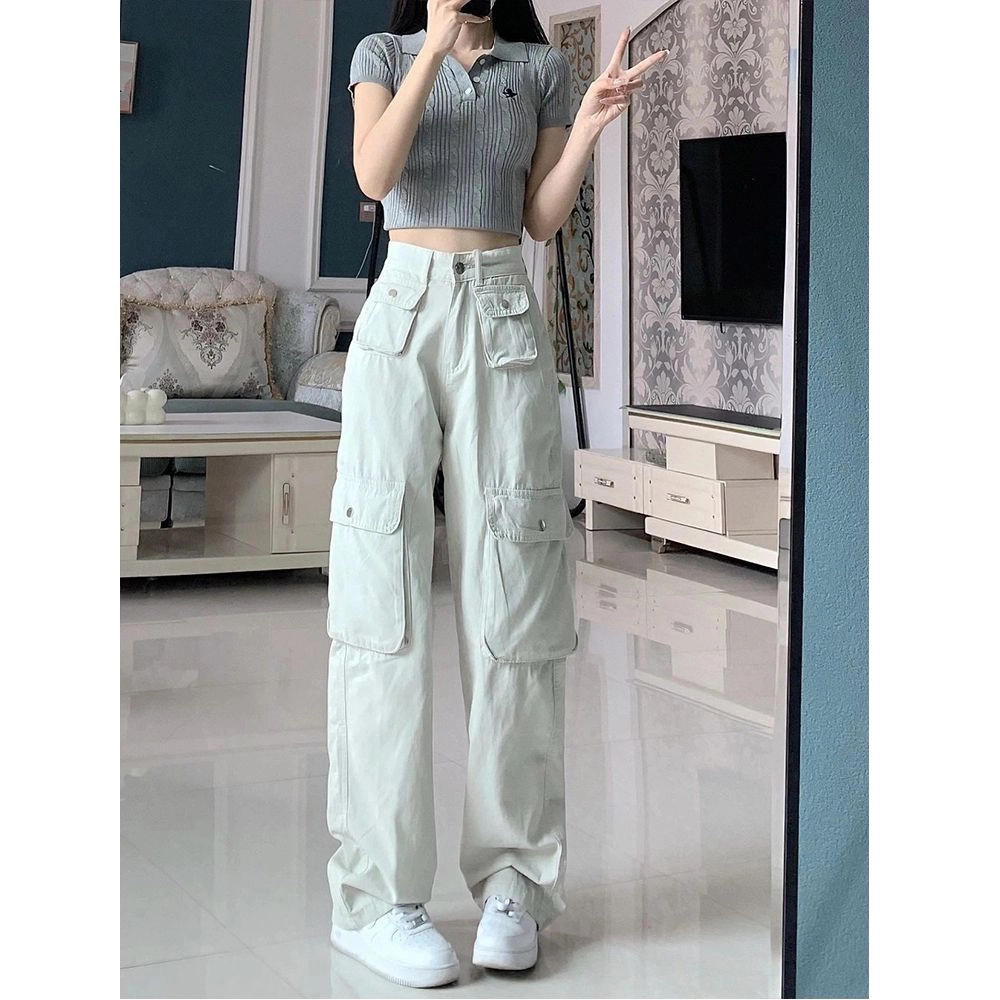 么宁 美式复古白色工装裤女直筒宽松阔腿高腰显瘦休闲多口袋牛仔裤 男女同款