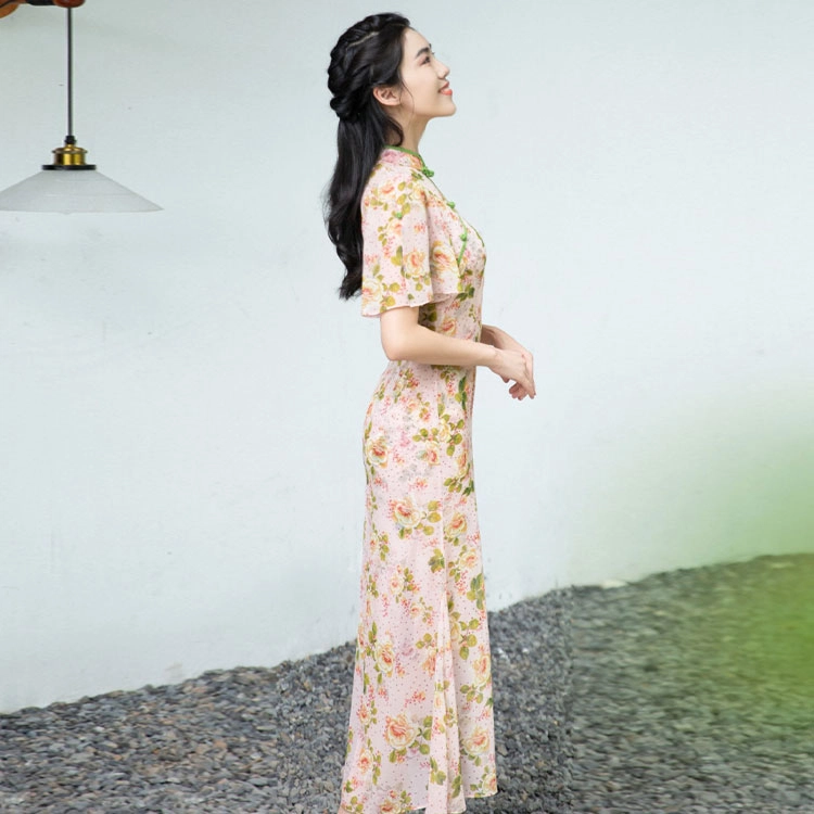 四美子 植物花卉立领中长款喇叭短袖旗袍裙装套装 女款 玫双影