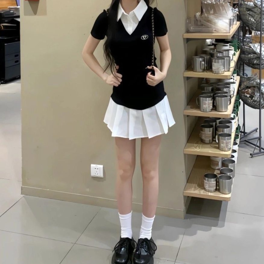 依钗 韩系学院风假两件收腰显瘦百褶裙装短袖连衣裙 女款