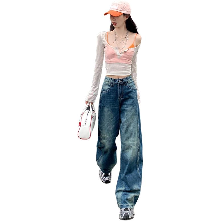 玫丝朵 美式复古潮流做旧设计时尚百搭宽松直筒垂感拖地牛仔裤 女款