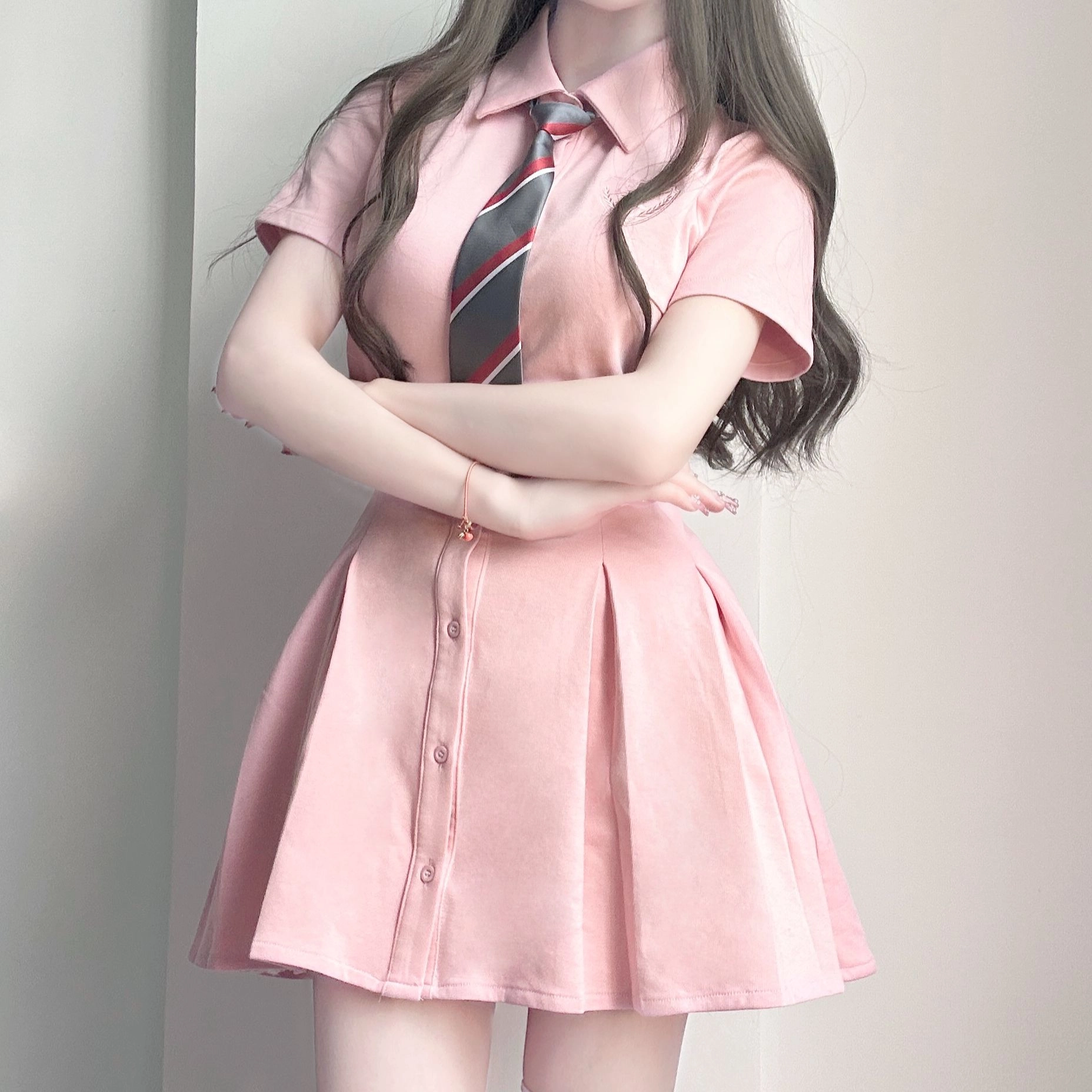 纯色衬衫领短袖连衣裙 女款 粉红色