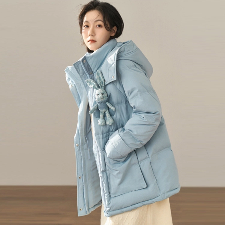 茵曼 纯色拉链连帽羽绒服 女款 灰蓝色