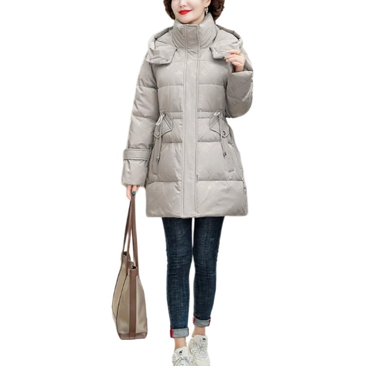 鸭鸭 中长款时尚印花宽松舒适保暖休闲连帽羽绒服 女款