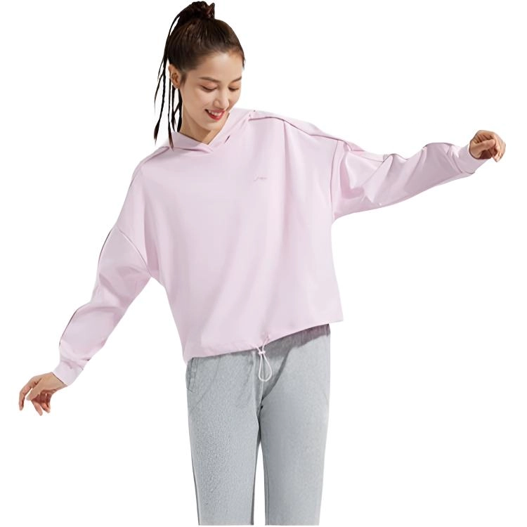 李宁 健身系列 纯色宽松连帽套头卫衣 女款 樱花粉 