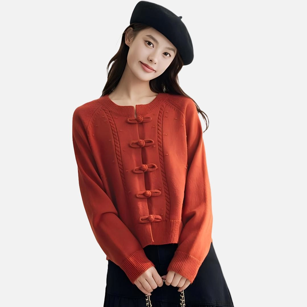 茵曼 纯色圆领盘口长袖毛衣 女款 胭脂红