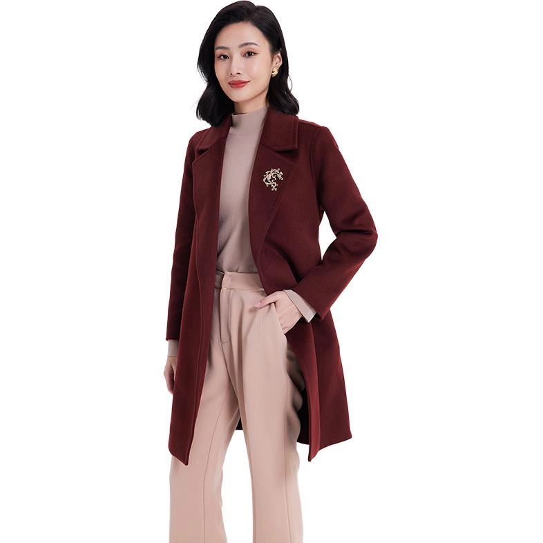 乔万尼 纯色中长款舒适长袖大衣 女款 酒红